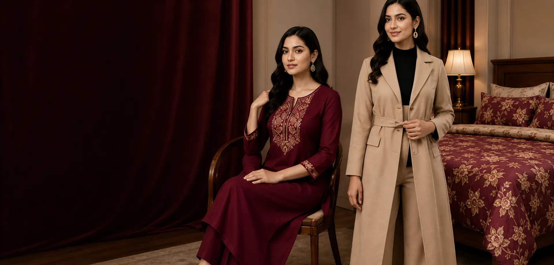 Krishna Collection maroon and gold editorial ecommerce hero preview