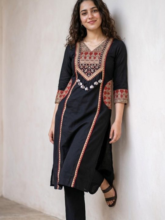 Krishna Collection Black Designer Cotton 60x60 Kurta Pant With Dupatta Set