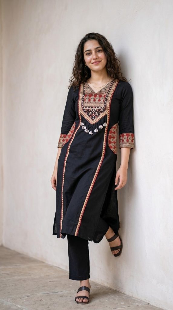Krishna Collection Black Designer Cotton 60x60 Kurta Pant With Dupatta Set
