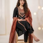 Krishna Collection Black Designer Cotton 60x60 Kurta Pant With Dupatta Set