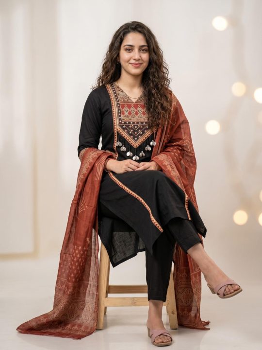 Krishna Collection Black Designer Cotton 60x60 Kurta Pant With Dupatta Set