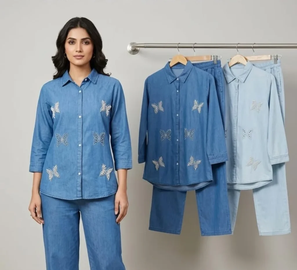 Krishna Collection Butterfly Embroidered Denim Co-Ord Set