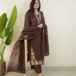 Krishna Collection Floral Embroidery Cotton 60x60 Kurta Pant Dupatta Set - Chocolate Brown