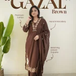 Krishna Collection Floral Embroidery Cotton 60x60 Kurta Pant Dupatta Set - Chocolate Brown