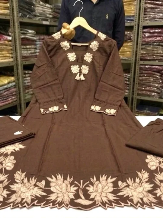 Krishna Collection Floral Embroidery Cotton 60x60 Kurta Pant Dupatta Set - Chocolate Brown