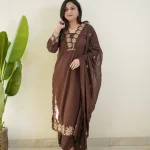 Krishna Collection Floral Embroidery Cotton 60x60 Kurta Pant Dupatta Set - Chocolate Brown