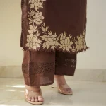 Krishna Collection Floral Embroidery Cotton 60x60 Kurta Pant Dupatta Set - Chocolate Brown