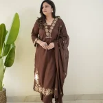 Krishna Collection Floral Embroidery Cotton 60x60 Kurta Pant Dupatta Set - Chocolate Brown
