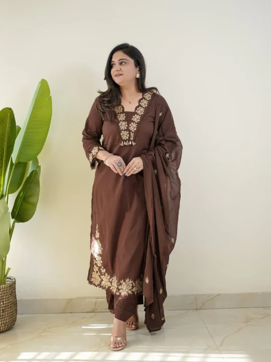 Krishna Collection Floral Embroidery Cotton 60x60 Kurta Pant Dupatta Set - Chocolate Brown