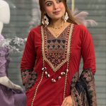 Krishna Collection Maroon Designer Cotton 60x60 Kurta Pant With Dupatta Set