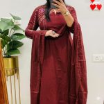 Krishna Collection Premium Embroidered Cotton Kurta Pant With Dupatta Set - Maroon