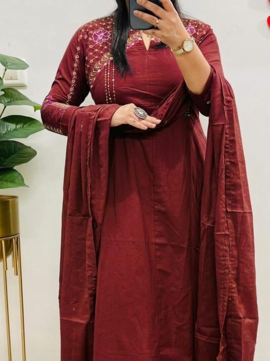 Krishna Collection Premium Embroidered Cotton Kurta Pant With Dupatta Set - Maroon