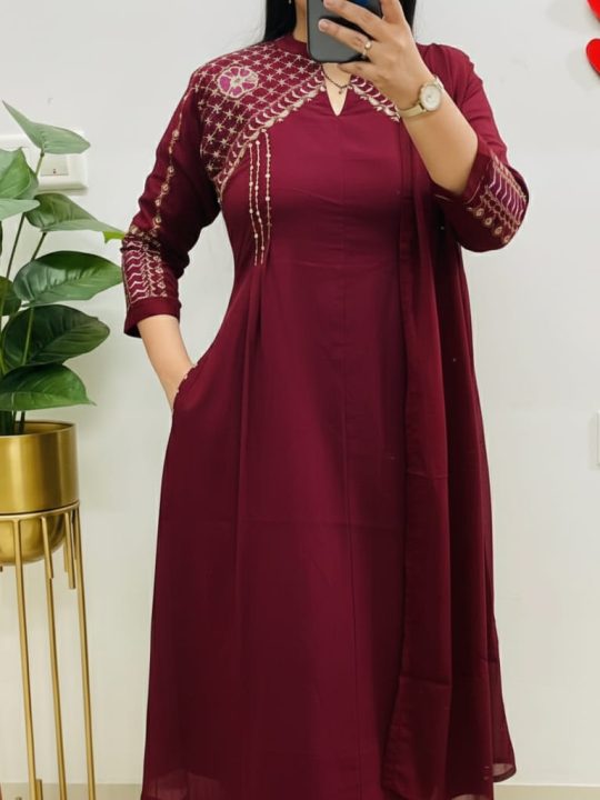 Krishna Collection Premium Embroidered Cotton Kurta Pant With Dupatta Set - Maroon