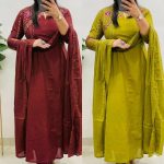 Krishna Collection Premium Embroidered Cotton Kurta Pant With Dupatta Set - Olive Green
