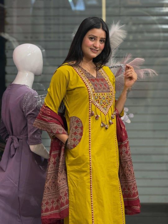 Krishna Collection Mustard Designer Cotton 60x60 Kurta Pant With Dupatta Set