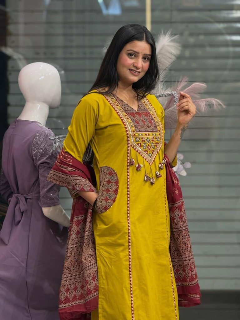 Krishna Collection Mustard Designer Cotton 60x60 Kurta Pant With Dupatta Set