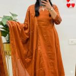 Krishna Collection Premium Embroidered Cotton Kurta Pant With Dupatta Set - Mustard