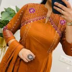 Krishna Collection Premium Embroidered Cotton Kurta Pant With Dupatta Set - Mustard