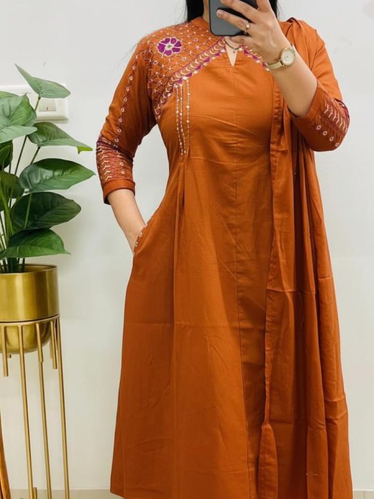 Krishna Collection Premium Embroidered Cotton Kurta Pant With Dupatta Set - Mustard