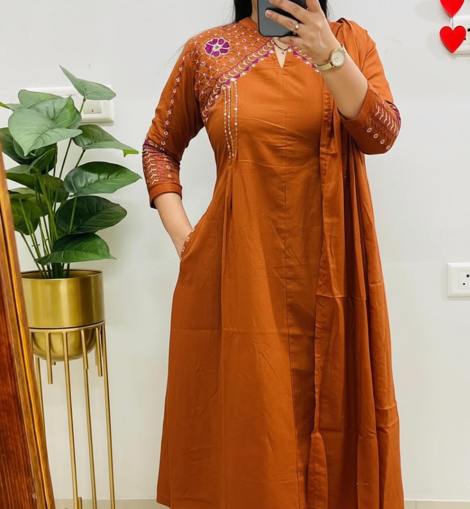 Krishna Collection Premium Embroidered Cotton Kurta Pant With Dupatta Set - Mustard