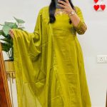 Krishna Collection Premium Embroidered Cotton Kurta Pant With Dupatta Set - Olive Green