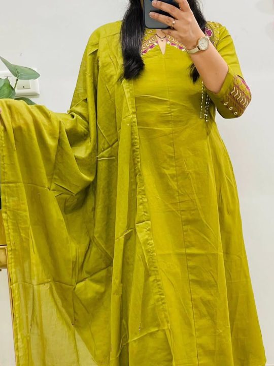 Krishna Collection Premium Embroidered Cotton Kurta Pant With Dupatta Set - Olive Green