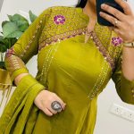 Krishna Collection Premium Embroidered Cotton Kurta Pant With Dupatta Set - Olive Green