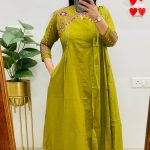 Krishna Collection Premium Embroidered Cotton Kurta Pant With Dupatta Set - Olive Green