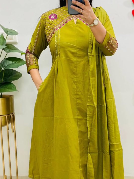 Krishna Collection Premium Embroidered Cotton Kurta Pant With Dupatta Set - Olive Green