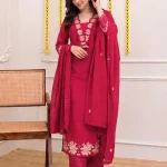 Krishna Collection Floral Embroidery Cotton 60x60 Kurta Pant Dupatta Set - Rani Pink