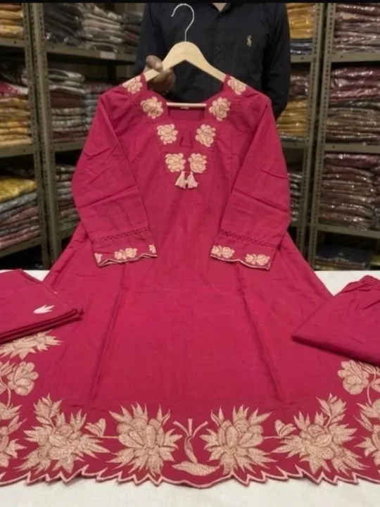 Krishna Collection Floral Embroidery Cotton 60x60 Kurta Pant Dupatta Set - Rani Pink