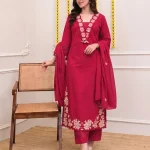 Krishna Collection Floral Embroidery Cotton 60x60 Kurta Pant Dupatta Set - Rani Pink