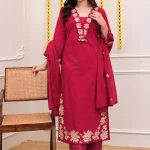 Krishna Collection Floral Embroidery Cotton 60x60 Kurta Pant Dupatta Set - Rani Pink