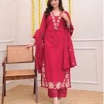 Krishna Collection Floral Embroidery Cotton 60x60 Kurta Pant Dupatta Set - Rani Pink