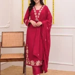 Krishna Collection Floral Embroidery Cotton 60x60 Kurta Pant Dupatta Set - Rani Pink