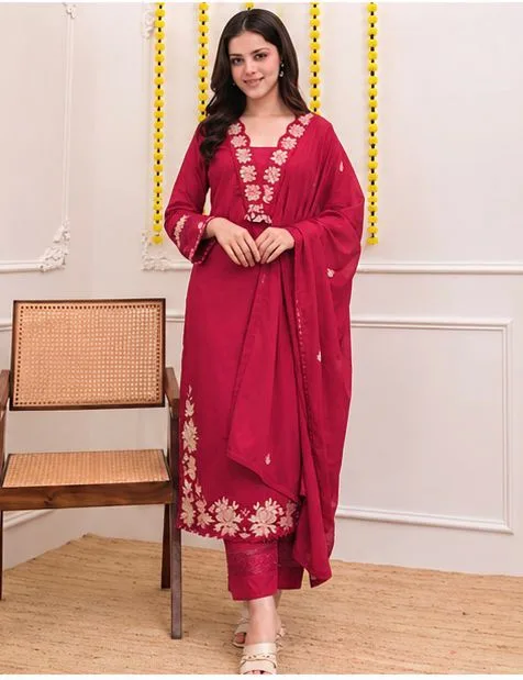 Krishna Collection Floral Embroidery Cotton 60x60 Kurta Pant Dupatta Set - Rani Pink