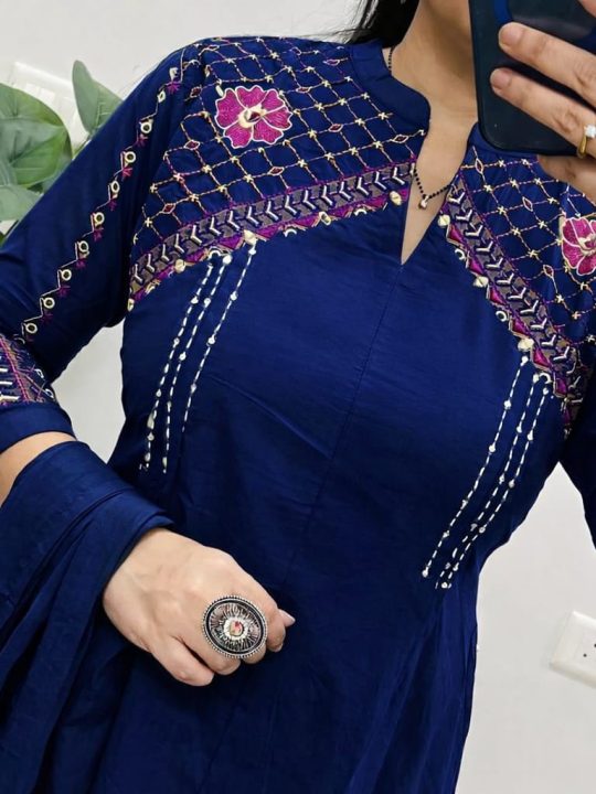 Krishna Collection Premium Embroidered Cotton Kurta Pant With Dupatta Set - Royal Blue