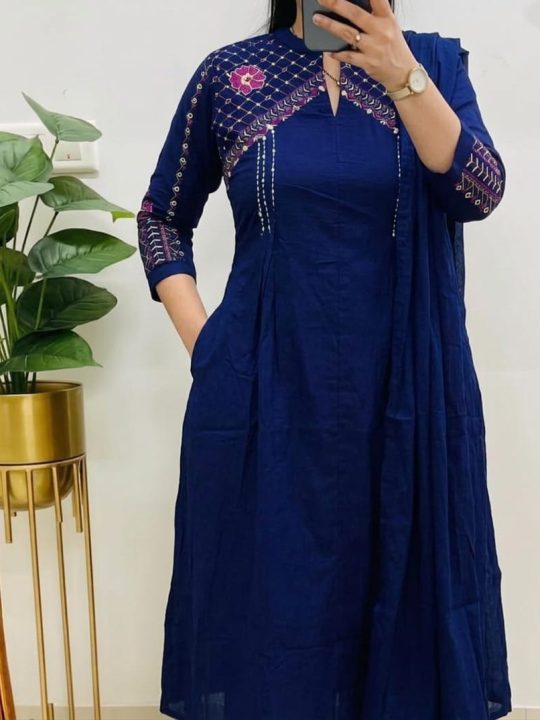 Krishna Collection Premium Embroidered Cotton Kurta Pant With Dupatta Set - Royal Blue