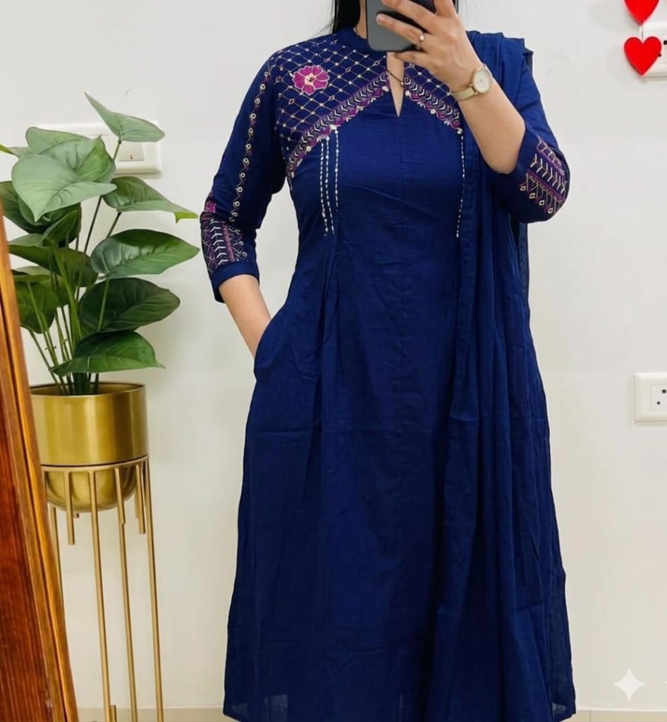 Krishna Collection Premium Embroidered Cotton Kurta Pant With Dupatta Set - Royal Blue