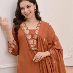 Krishna Collection Floral Embroidery Cotton 60x60 Kurta Pant Dupatta Set - Rust Orange