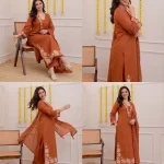 Krishna Collection Floral Embroidery Cotton 60x60 Kurta Pant Dupatta Set - Rust Orange