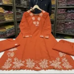 Krishna Collection Floral Embroidery Cotton 60x60 Kurta Pant Dupatta Set - Rust Orange