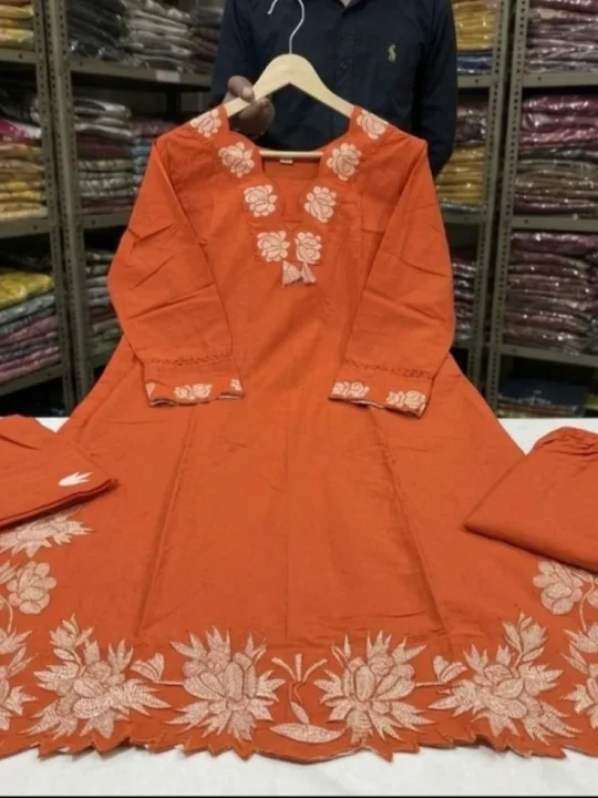 Krishna Collection Floral Embroidery Cotton 60x60 Kurta Pant Dupatta Set - Rust Orange