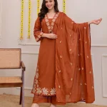Krishna Collection Floral Embroidery Cotton 60x60 Kurta Pant Dupatta Set - Rust Orange