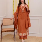Krishna Collection Floral Embroidery Cotton 60x60 Kurta Pant Dupatta Set - Rust Orange