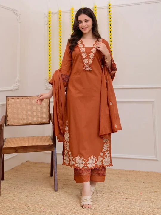 Krishna Collection Floral Embroidery Cotton 60x60 Kurta Pant Dupatta Set - Rust Orange