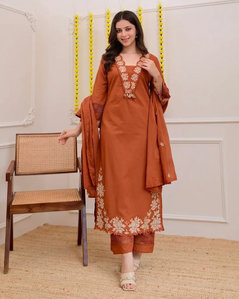 Krishna Collection Floral Embroidery Cotton 60x60 Kurta Pant Dupatta Set - Rust Orange