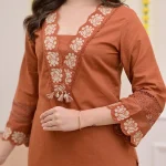 Krishna Collection Floral Embroidery Cotton 60x60 Kurta Pant Dupatta Set - Rust Orange