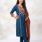 Krishna Collection Teal Blue Designer Cotton 60x60 Kurta Pant With Dupatta Set
