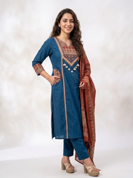 Krishna Collection Teal Blue Designer Cotton 60x60 Kurta Pant With Dupatta Set